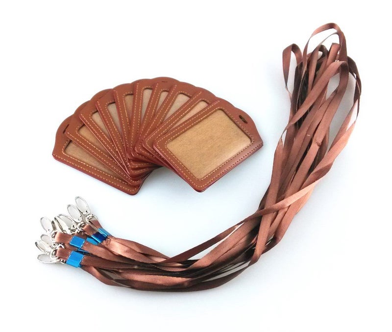 yueton 10pcs Vertical Style Leather Business ID Badge Card Holder, Name Card Business Card Holder Tag with Long Neck Strap Band Lanyard (Brown) - Image 2